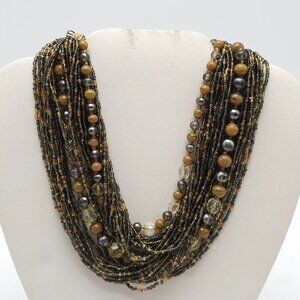 Multi Strand Beaded Statement Necklace Gold Tone Hook Clasp JAPAN Vintage